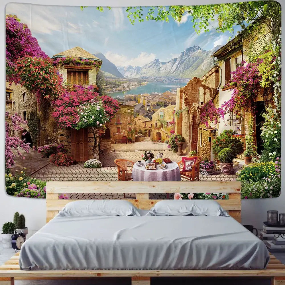 Boho green plant landscape tapestry bedroom italian village decor