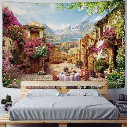Boho green plant landscape tapestry bedroom italian village decor