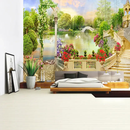 Boho green plant landscape tapestry bedroom italian village decor