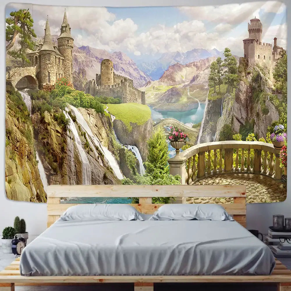 Boho green plant landscape tapestry bedroom italian village decor
