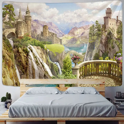 Boho green plant landscape tapestry bedroom italian village decor