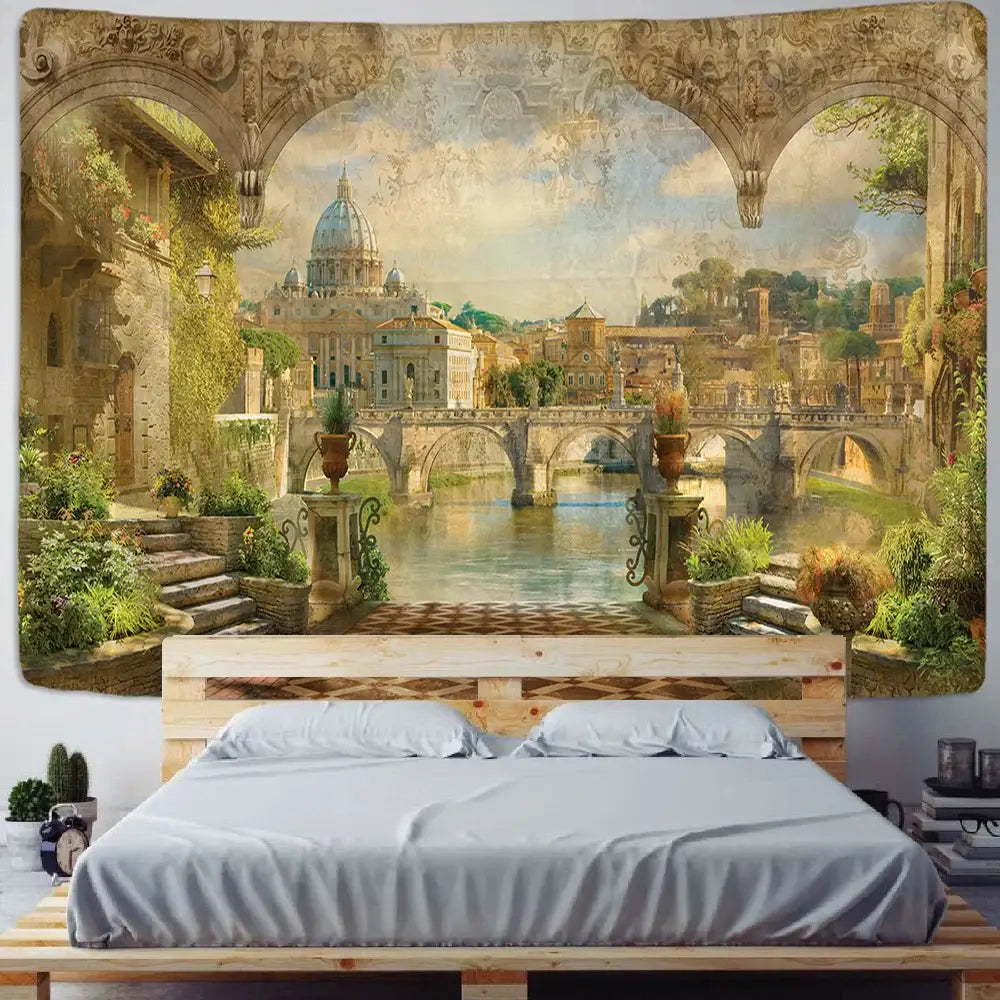 Boho green plant landscape tapestry bedroom italian village decor