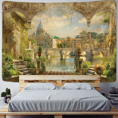 Boho green plant landscape tapestry bedroom italian village decor