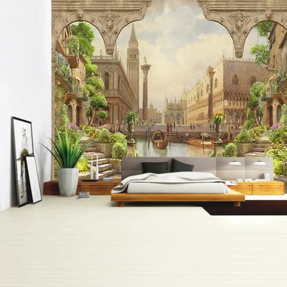 Boho green plant landscape tapestry bedroom italian village decor