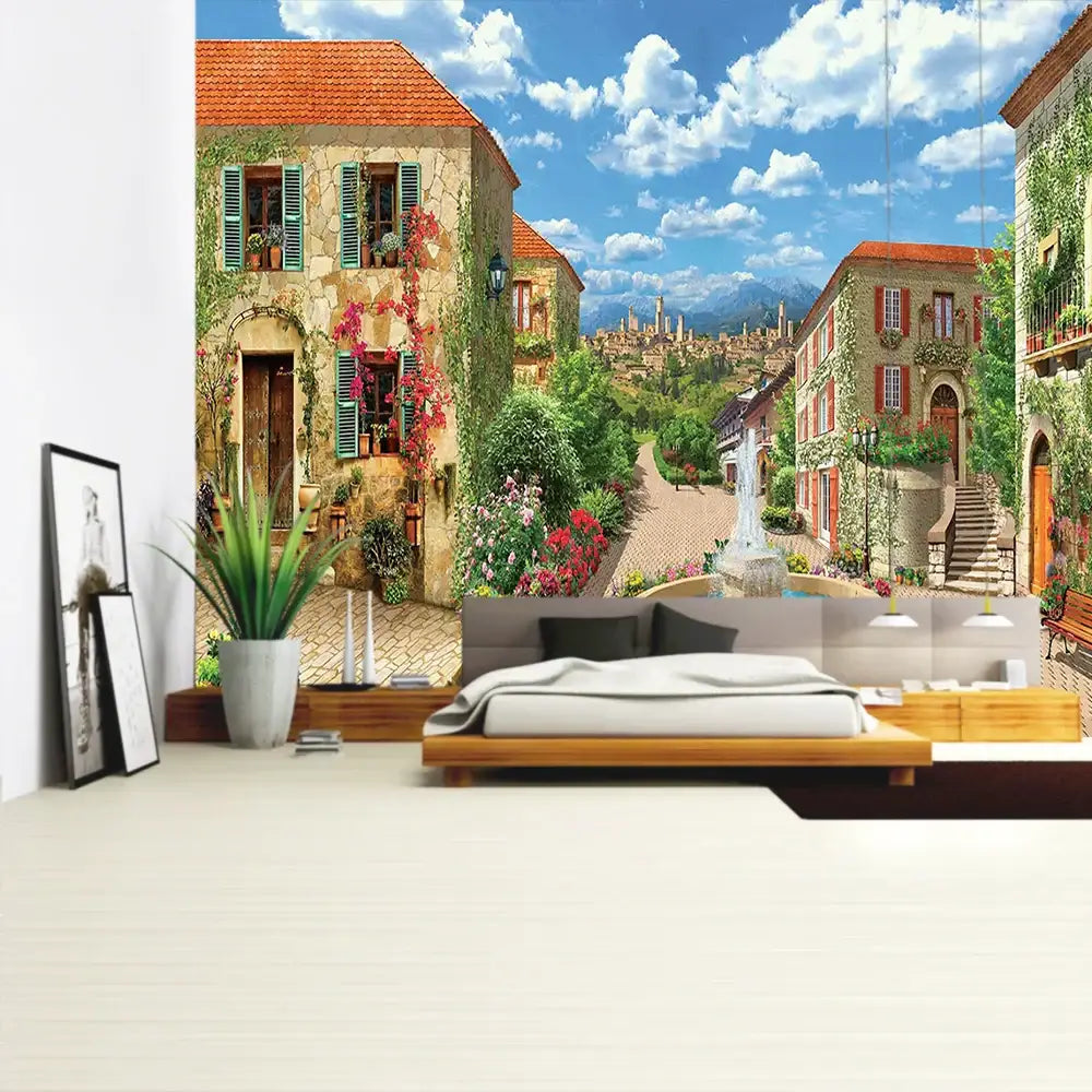 Boho green plant landscape tapestry bedroom italian village decor