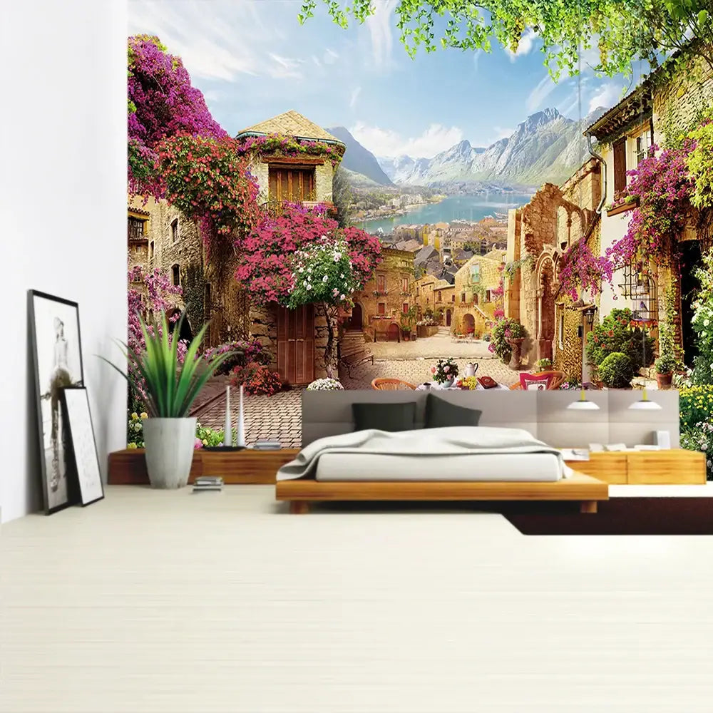Boho green plant landscape tapestry bedroom italian village decor