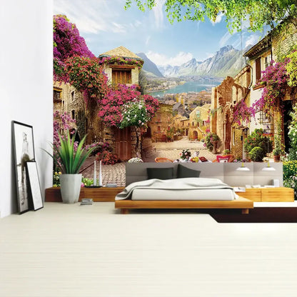 Boho green plant landscape tapestry bedroom italian village decor