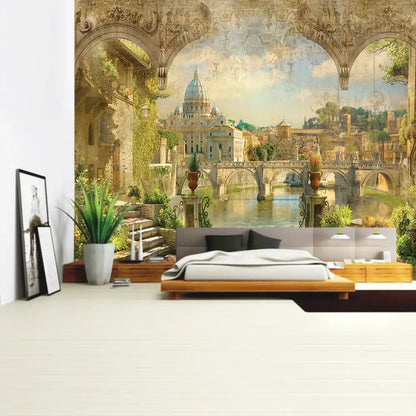 Boho green plant landscape tapestry bedroom italian village decor