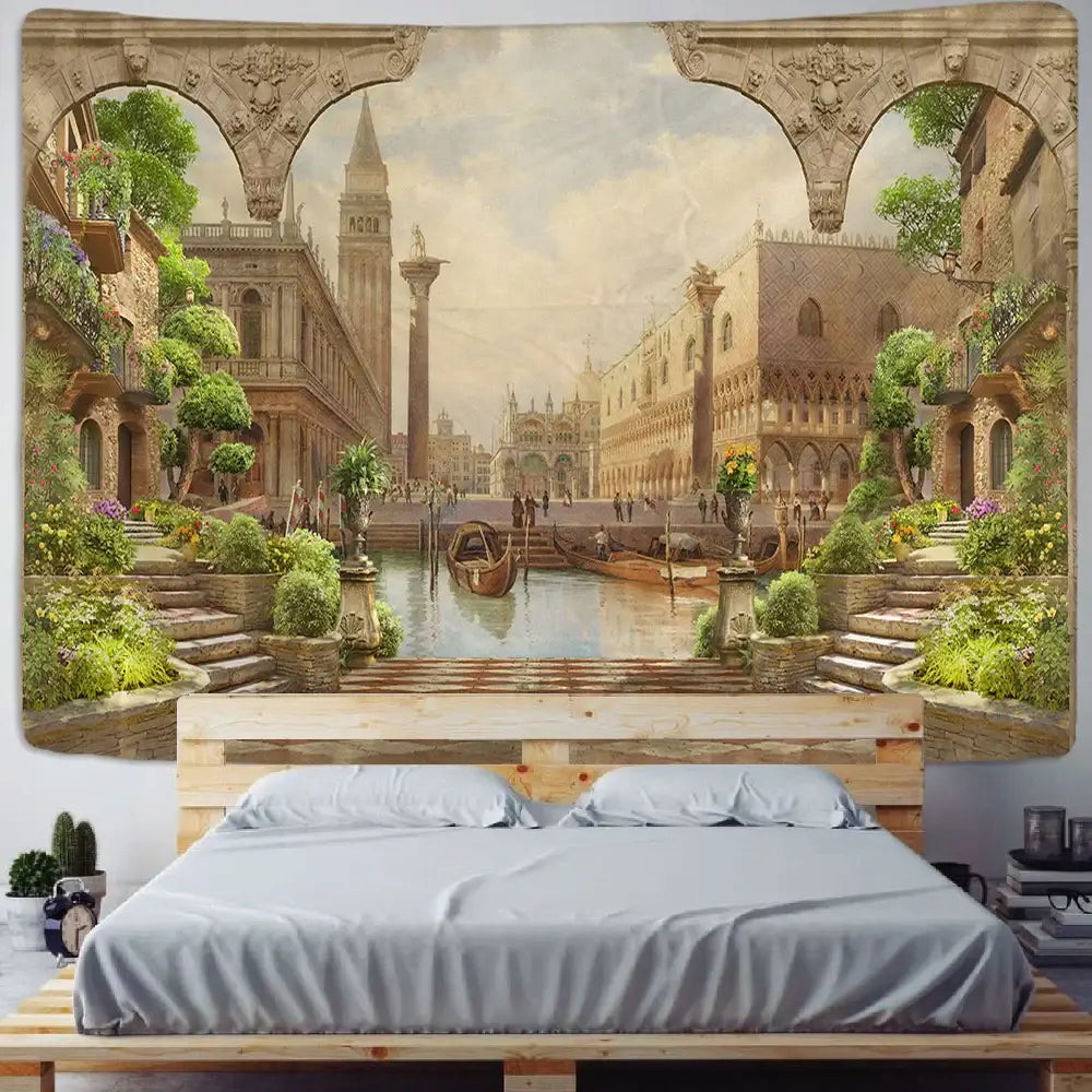 Boho green plant landscape tapestry bedroom italian village decor