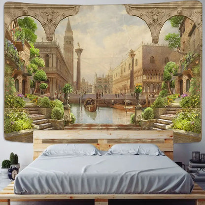 Boho green plant landscape tapestry bedroom italian village decor