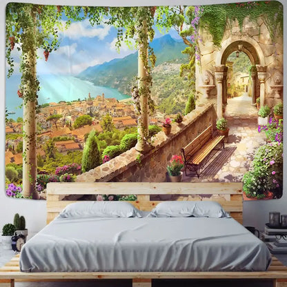 Boho green plant landscape tapestry bedroom italian village decor
