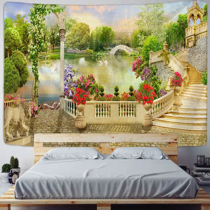 Boho green plant landscape tapestry bedroom italian village decor