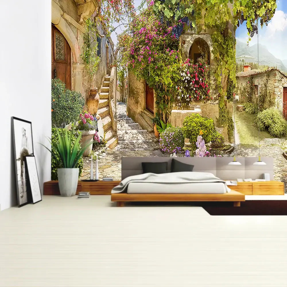 Boho green plant landscape tapestry bedroom italian village decor