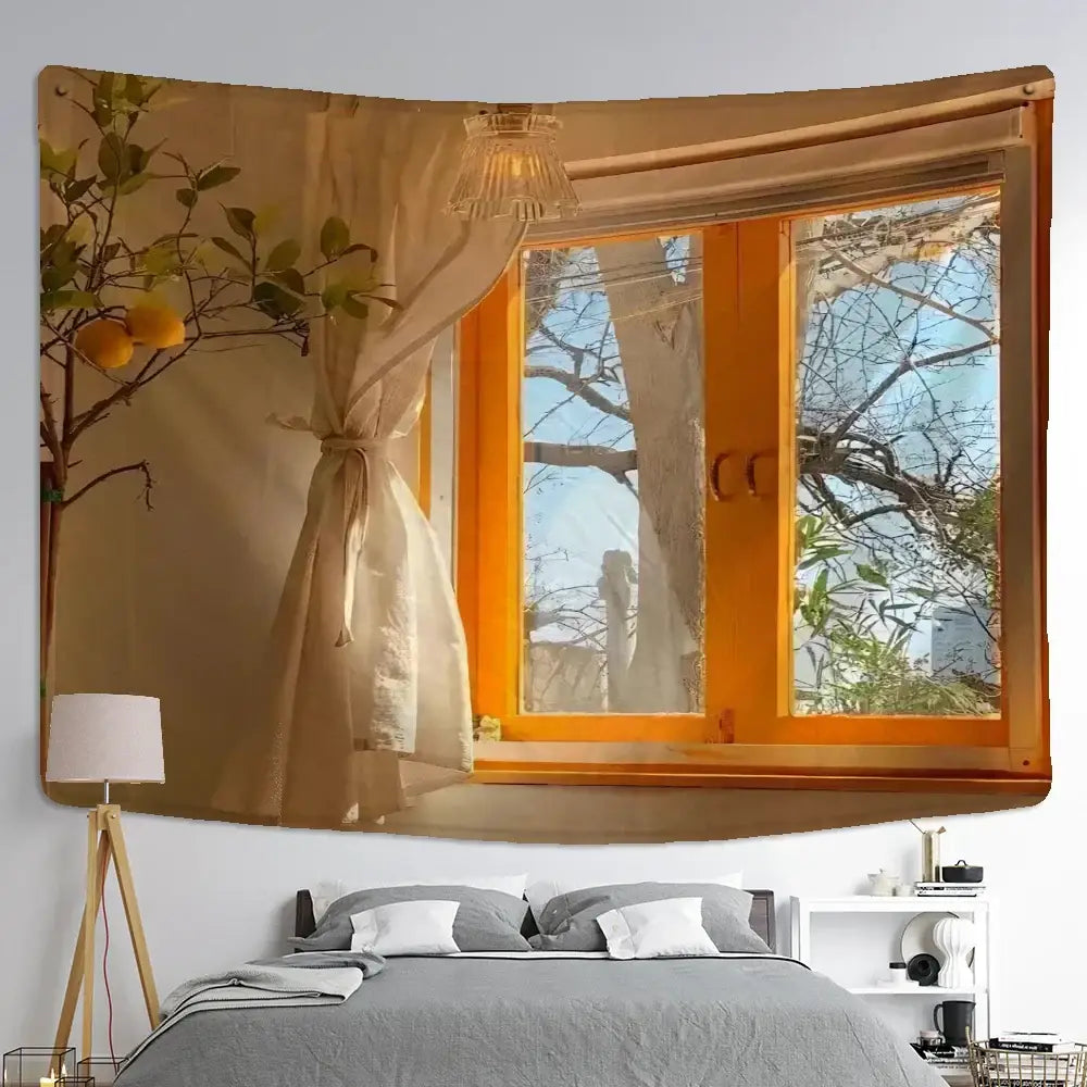 Boho hippie wall tapestry orange window view bedroom decor