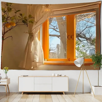 Boho hippie wall tapestry orange window view bedroom decor