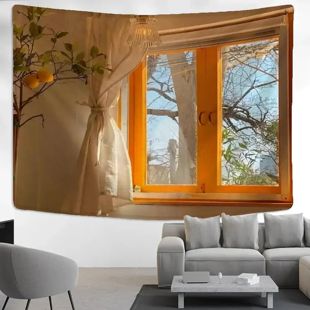 Boho hippie wall tapestry orange window view bedroom decor