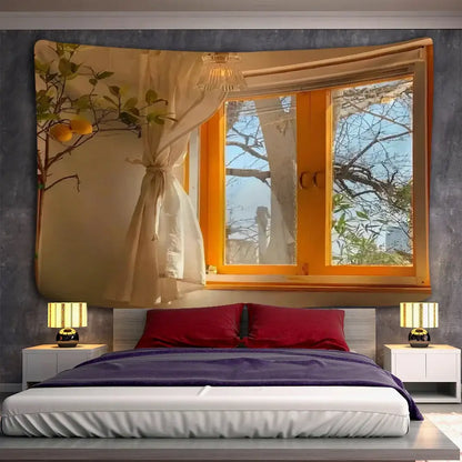 Boho hippie wall tapestry orange window view bedroom decor