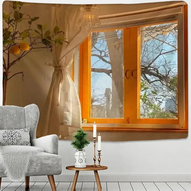 Boho hippie wall tapestry orange window view bedroom decor