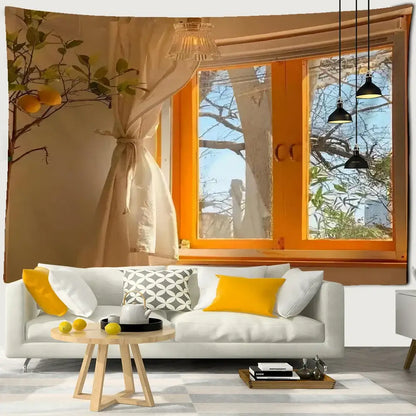 Boho hippie wall tapestry orange window view bedroom decor
