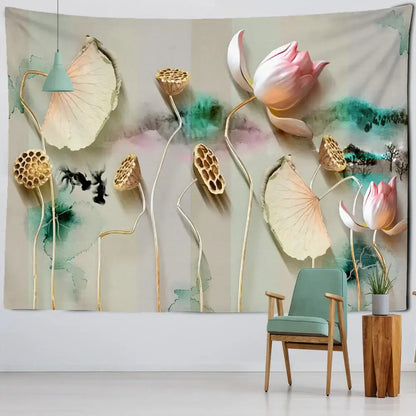 Boho ink lotus koi tapestry bedroom wall art