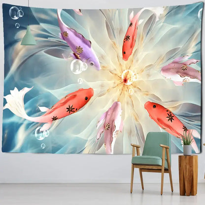 Boho ink lotus koi tapestry bedroom wall art