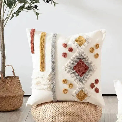 Boho ivory brown tufted pillow cover living room geometric decor