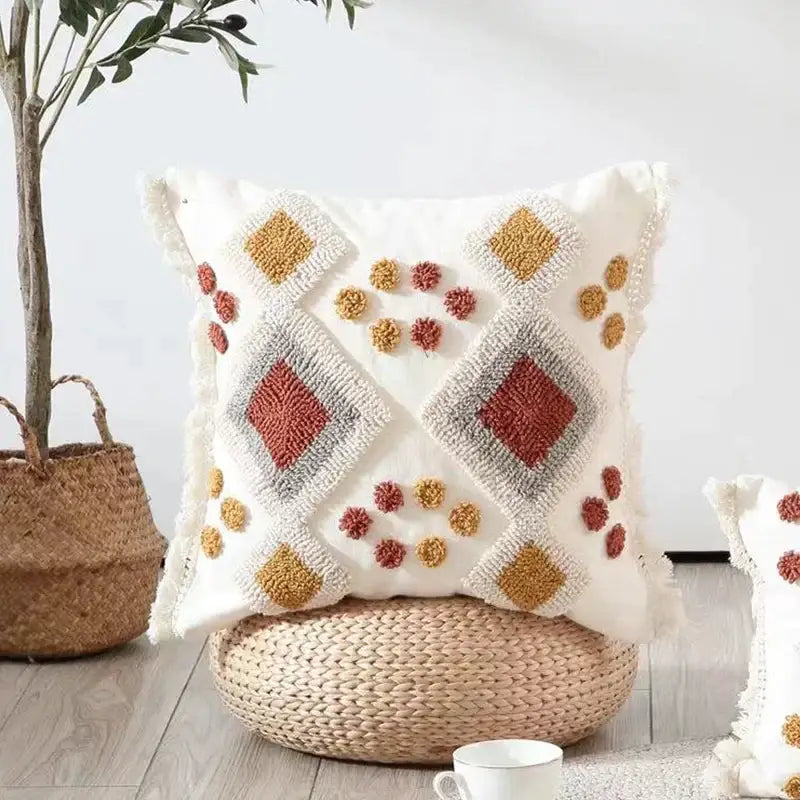 Boho ivory brown tufted pillow cover living room geometric decor