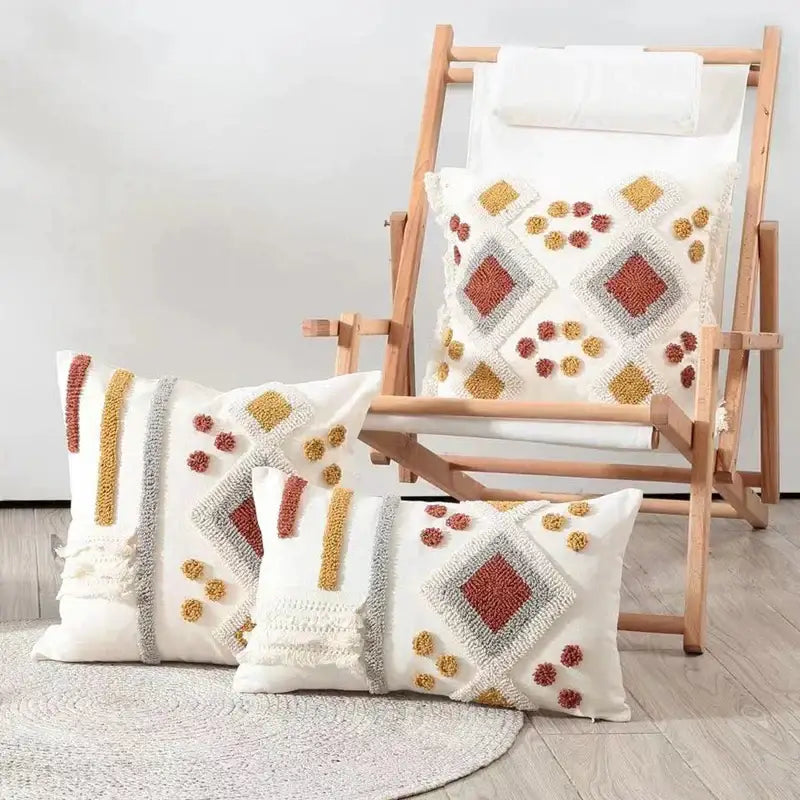 Boho ivory brown tufted pillow cover living room geometric decor