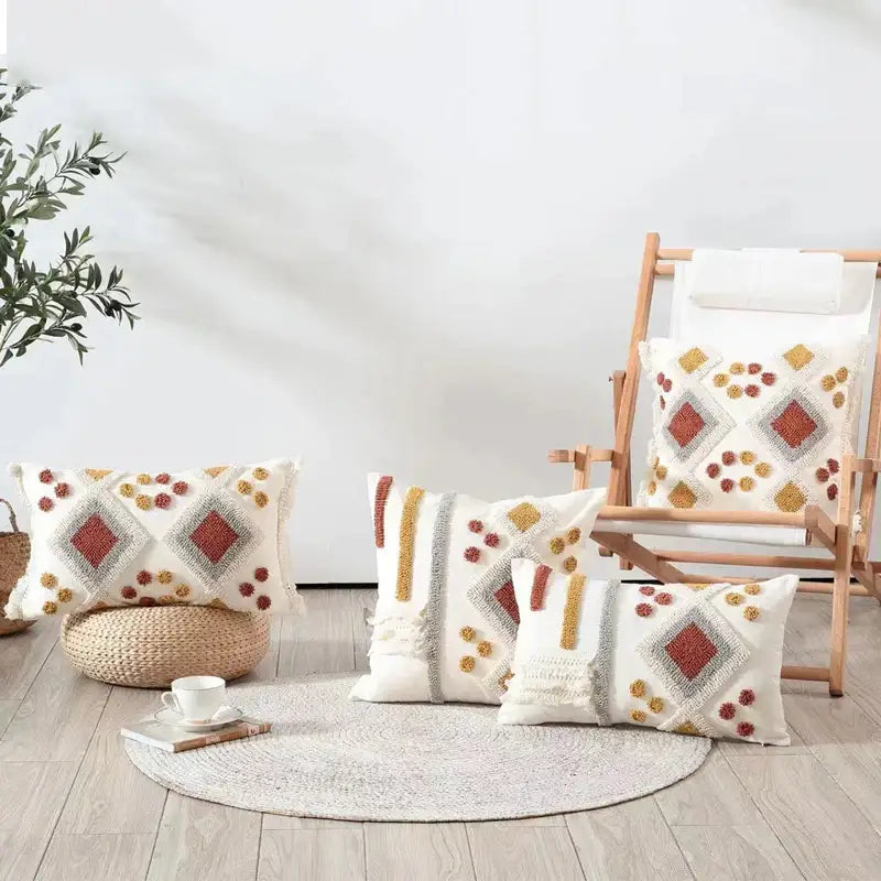 Boho ivory brown tufted pillow cover living room geometric decor
