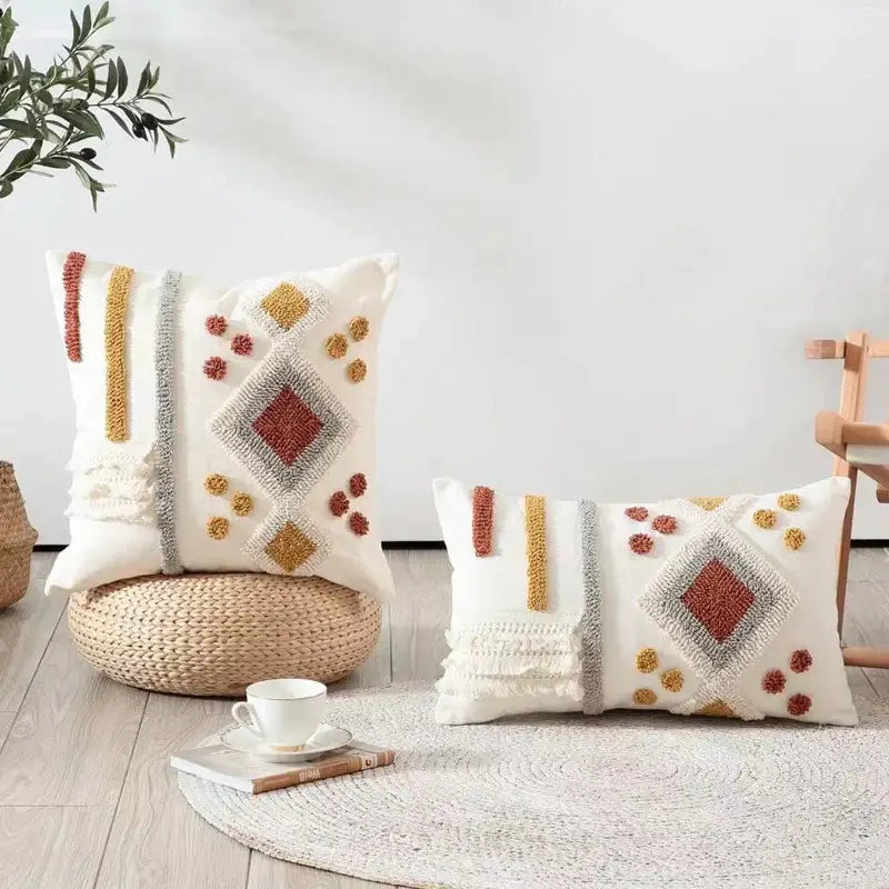 Boho ivory brown tufted pillow cover living room geometric decor