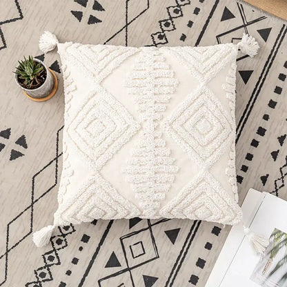 Boho ivory cotton loop cushion cover living room tasseled pillow