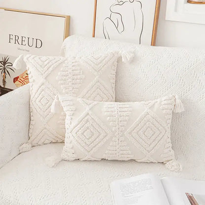 Boho ivory cotton loop cushion cover living room tasseled pillow