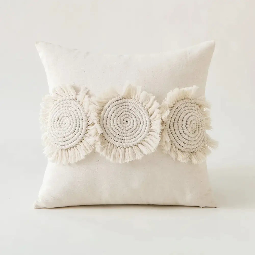 Boho ivory cushion cover with pompoms and lace for living room sofa