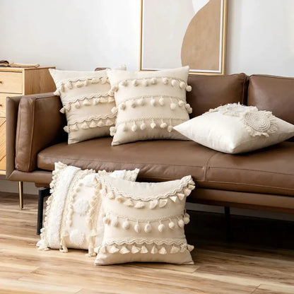 Boho ivory cushion cover with pompoms and lace for living room sofa