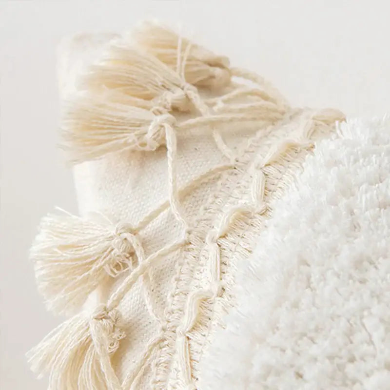 Boho ivory cushion cover with pompoms and lace for living room sofa