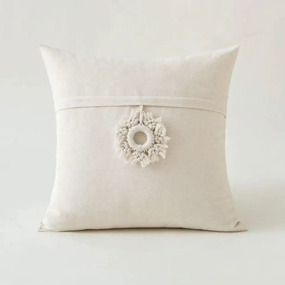 Boho ivory cushion cover with pompoms and lace for living room sofa