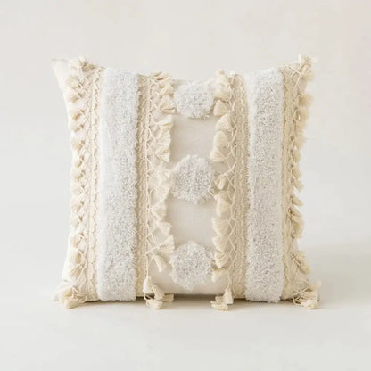 Boho ivory cushion cover with pompoms and lace for living room sofa