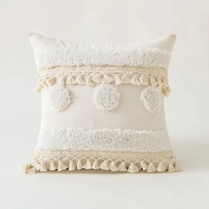 Boho ivory cushion cover with pompoms and lace for living room sofa