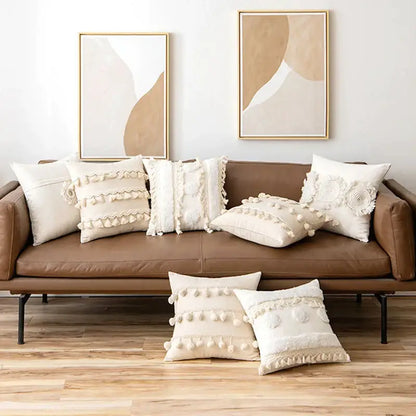 Boho ivory cushion cover with pompoms and lace for living room sofa