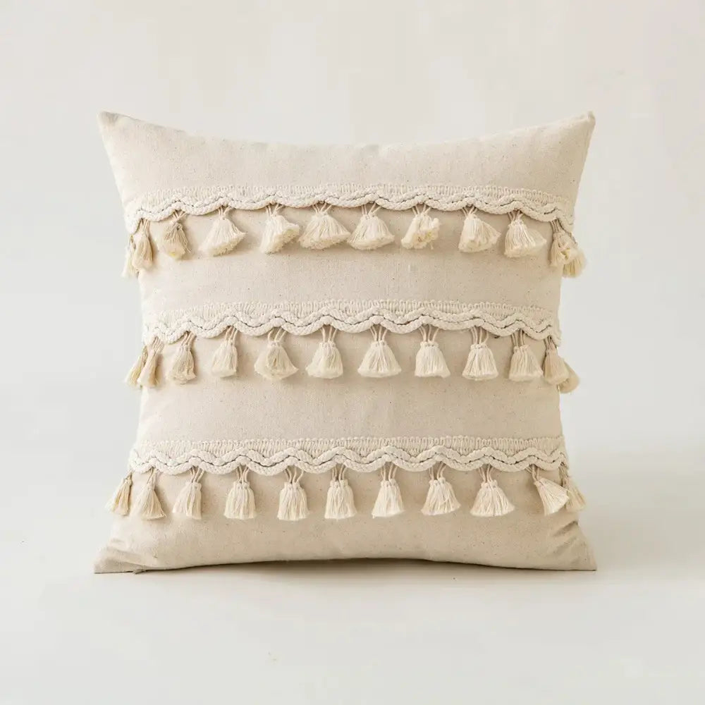 Boho ivory cushion cover with pompoms and lace for living room sofa
