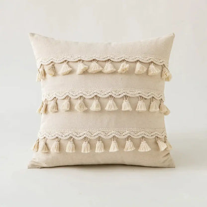 Boho ivory cushion cover with pompoms and lace for living room sofa