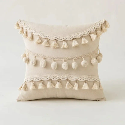 Boho ivory cushion cover with pompoms and lace for living room sofa