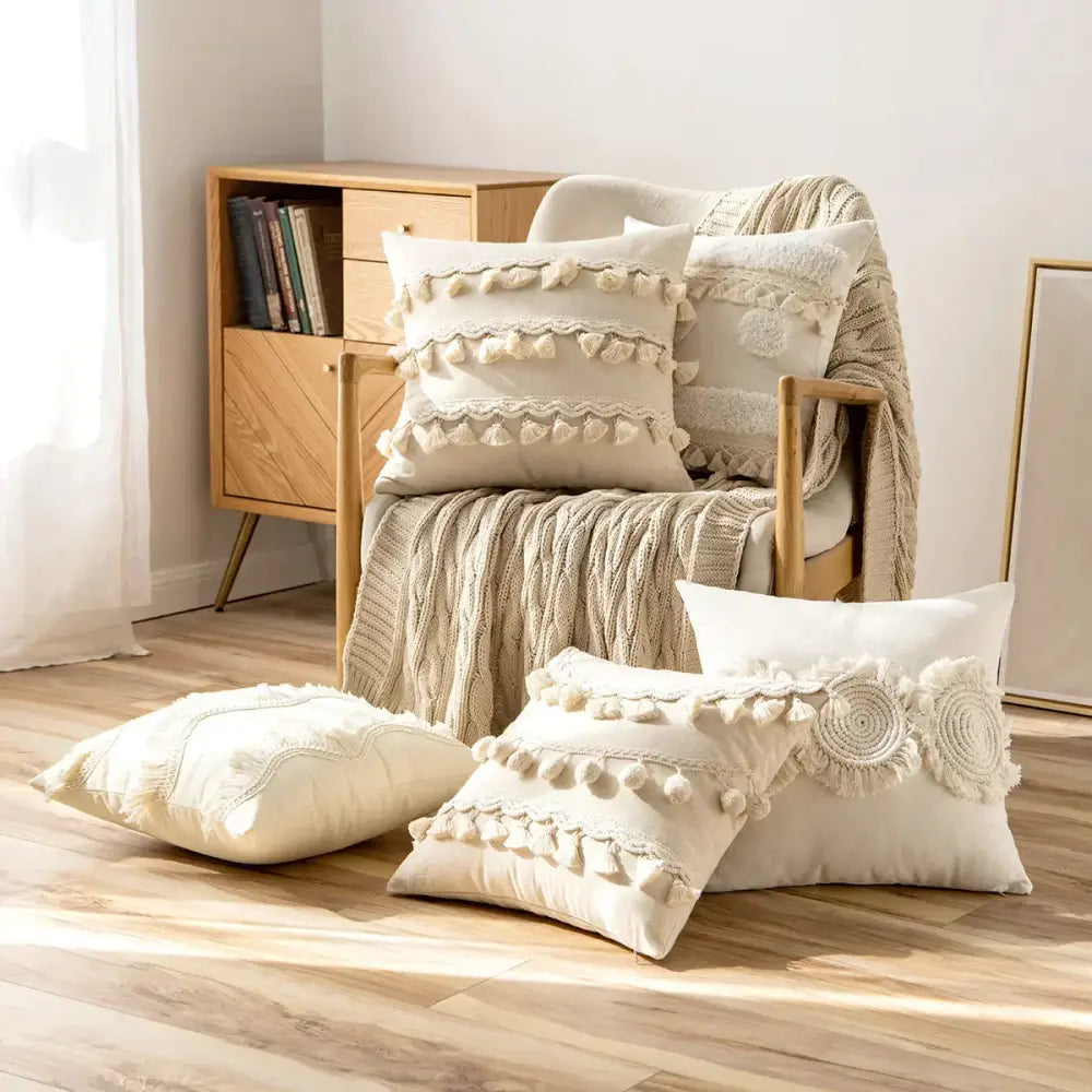 Boho ivory cushion cover with pompoms and lace for living room sofa