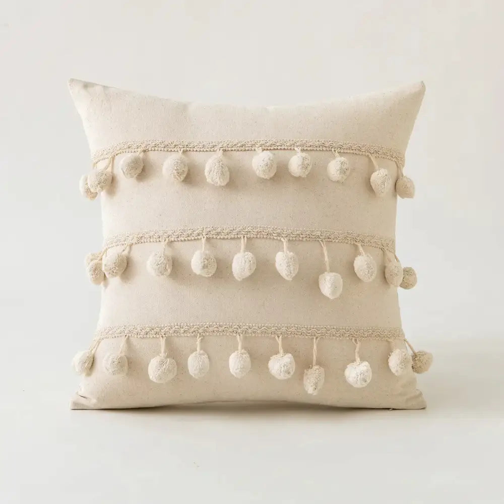 Boho ivory cushion cover with pompoms and lace for living room sofa