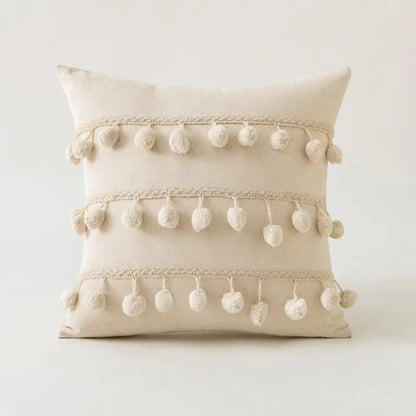 Boho ivory cushion cover with pompoms and lace for living room sofa