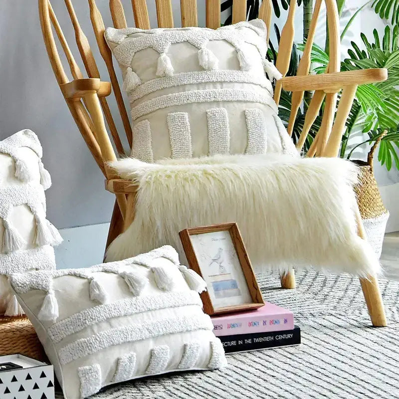 Boho ivory tufted tassel cushion cover living room woven pillow