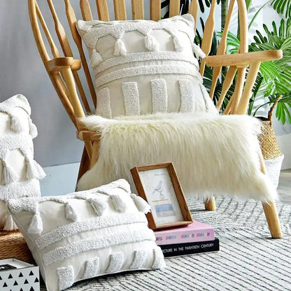 Boho ivory tufted tassel cushion cover living room woven pillow
