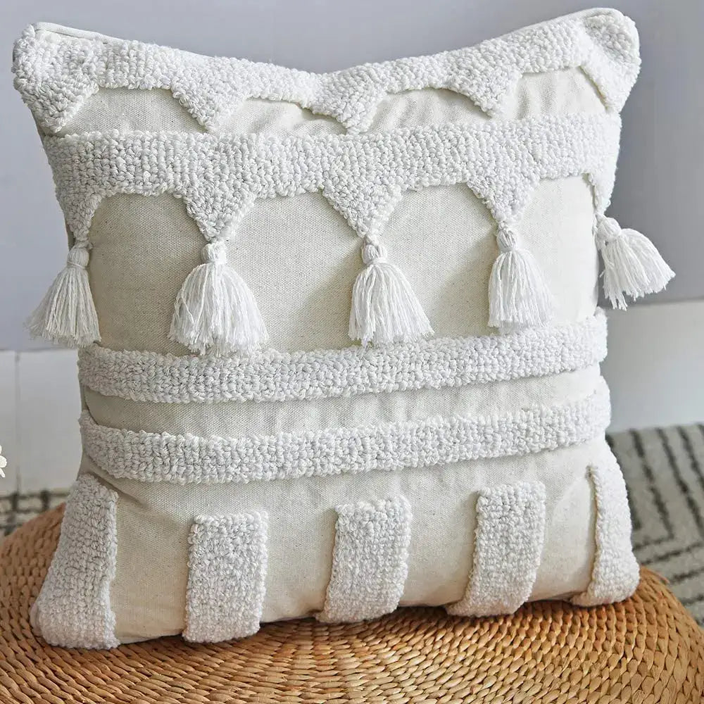 Boho ivory tufted tassel cushion cover living room woven pillow