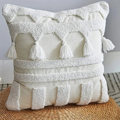 Boho ivory tufted tassel cushion cover living room woven pillow