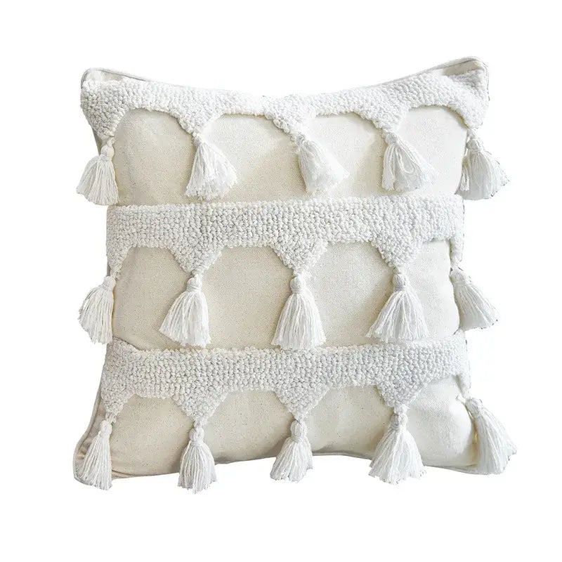 Boho ivory tufted tassel cushion cover living room woven pillow